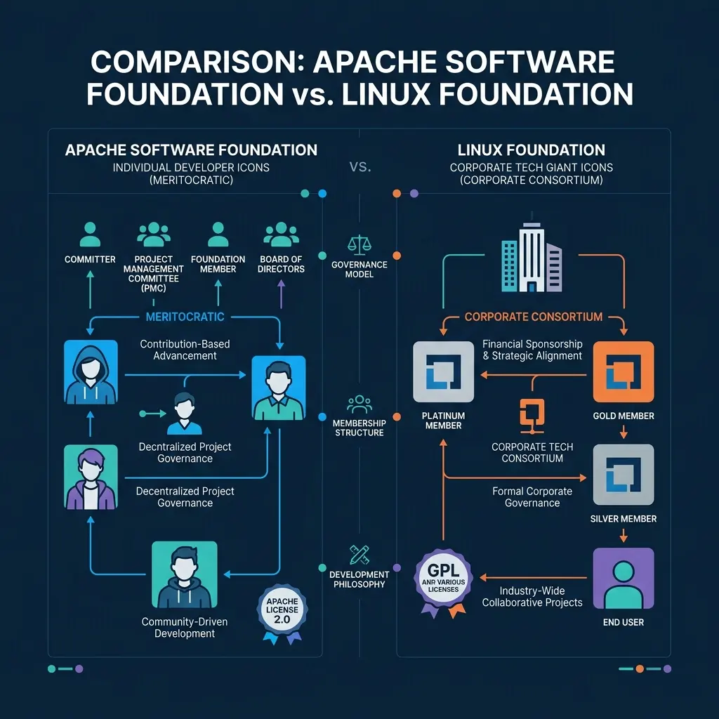 Comparison Diagram of ASF versus Linux Foundation showing individual vs corporate membership